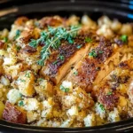 Crock Pot Chicken and Stuffing Dinner with sliced seasoned chicken breasts and golden herb stuffing in a slow cooker