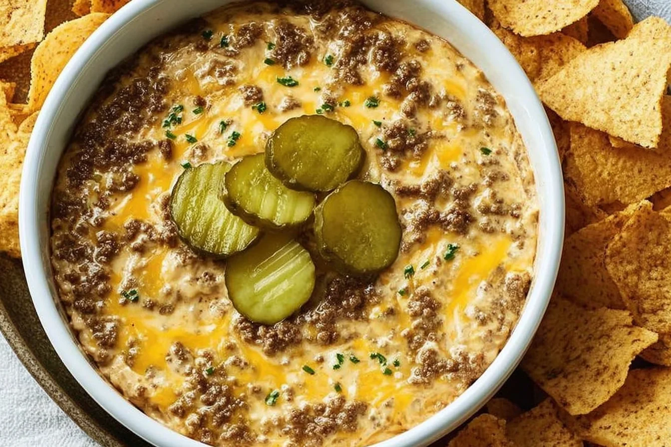 Crockpot Big Mac Dip in a white bowl topped with sliced pickles, with melted cheese and seasoned ground beef, surrounded by tortilla chips