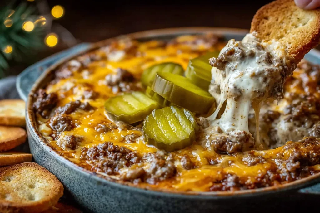 Crockpot Big Mac Dip with melted cheddar, seasoned ground beef, and sliced pickles served hot with toasted bread slices
