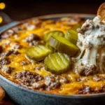 Crockpot Big Mac Dip with melted cheddar, seasoned ground beef, and sliced pickles served hot with toasted bread slices
