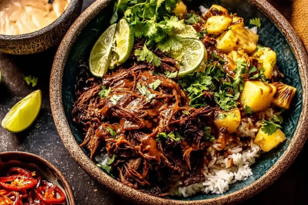 Crockpot Chipotle Pineapple Pot Roast Bowl served over fluffy rice with tender shredded beef, pineapple chunks, cilantro, and fresh lime slices.