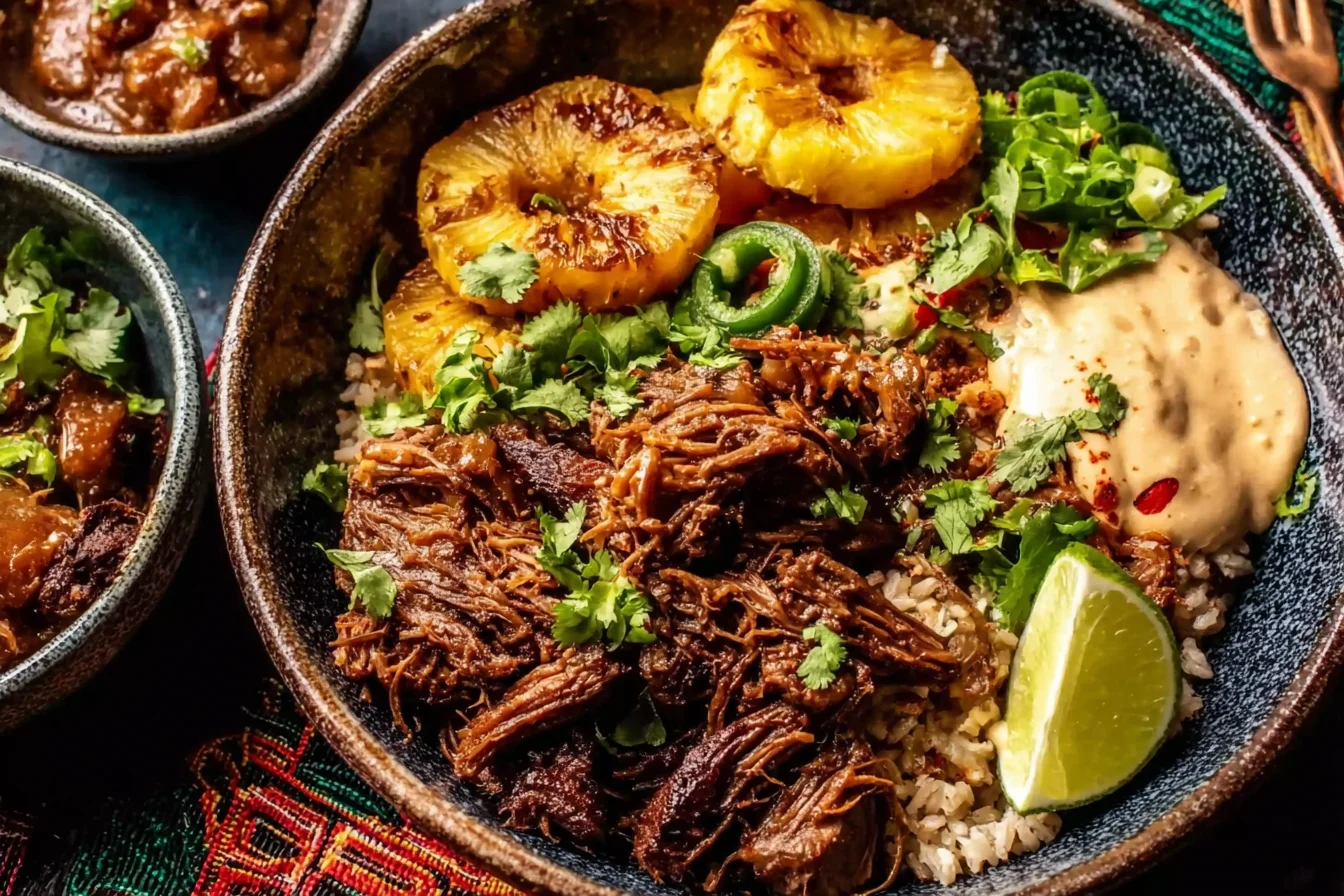 Crockpot Chipotle Pineapple Pot Roast Bowl with shredded beef, grilled pineapple rings, rice, cilantro, jalapeño, creamy sauce, and lime wedge.