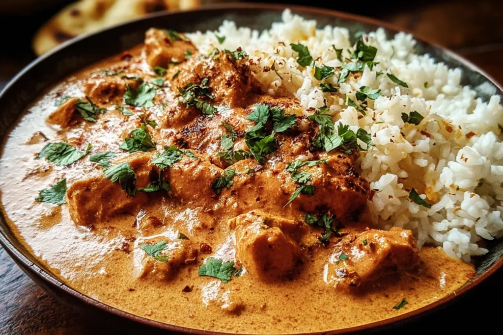 Bowl of Crockpot Coconut Chicken Tikka Masala with creamy coconut sauce, tender chicken pieces, fluffy rice, and cilantro garnish.