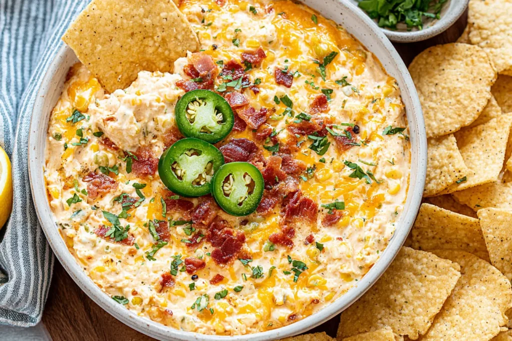 Close-up of Crockpot Jalapeno Corn Dip with melted cheese, bacon crumbles, and jalapeno slices served with tortilla chips