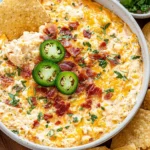 Close-up of Crockpot Jalapeno Corn Dip with melted cheese, bacon crumbles, and jalapeno slices served with tortilla chips