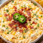 Crockpot Jalapeno Corn Dip in a serving bowl topped with crispy bacon and jalapeno slices with tortilla chips