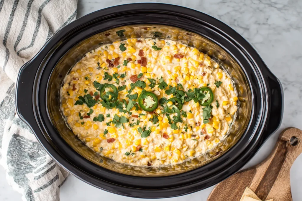 Crockpot Jalapeno Corn Dip cooking in a slow cooker topped with fresh cilantro and sliced jalapenos