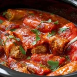 Crockpot Sausage-Stuffed Mini Sweet Peppers simmering in rich marinara sauce with melted cheese, ready for an easy slow cooker dinner.