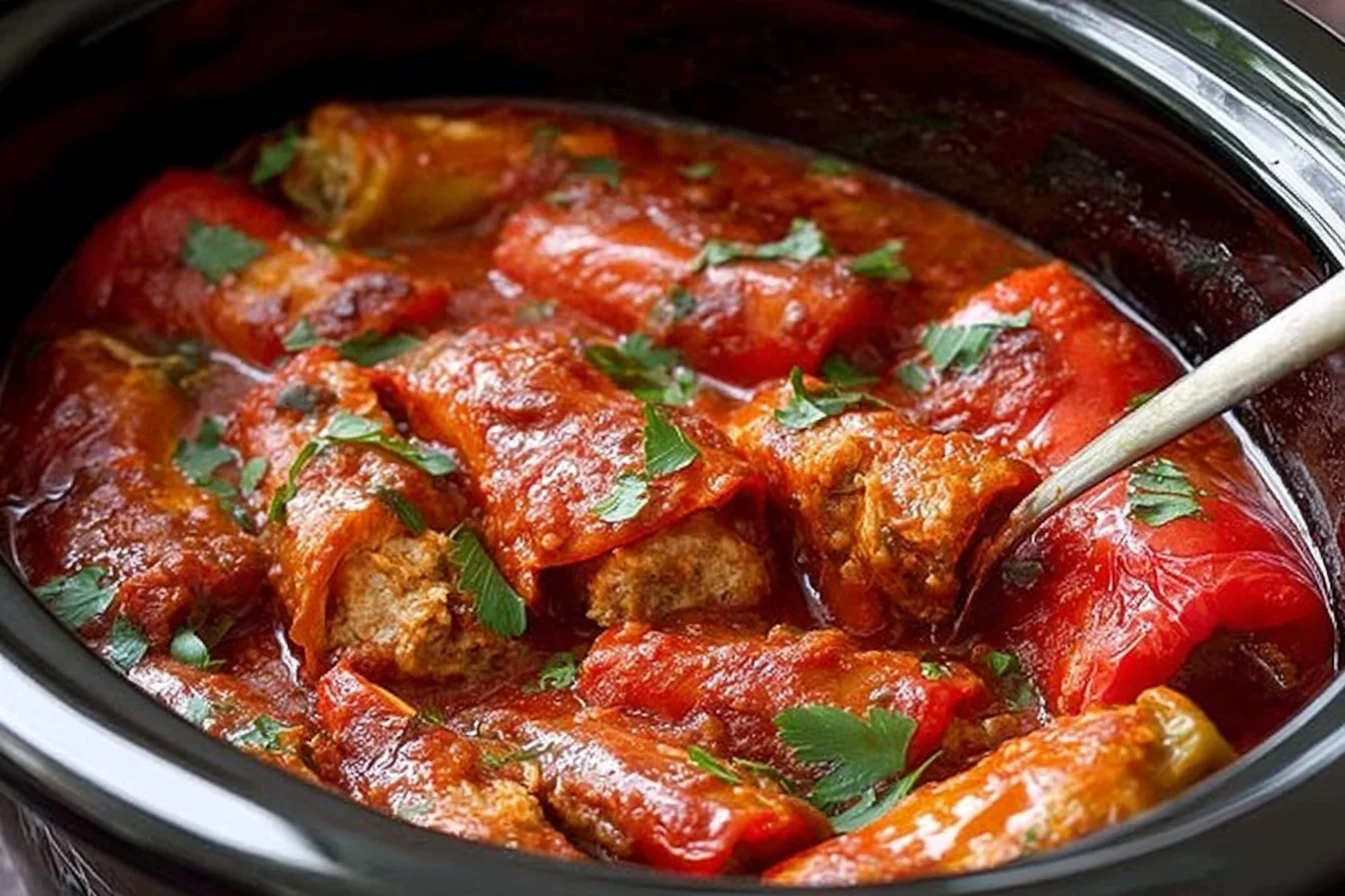 Crockpot Sausage-Stuffed Mini Sweet Peppers simmering in rich marinara sauce with melted cheese, ready for an easy slow cooker dinner.