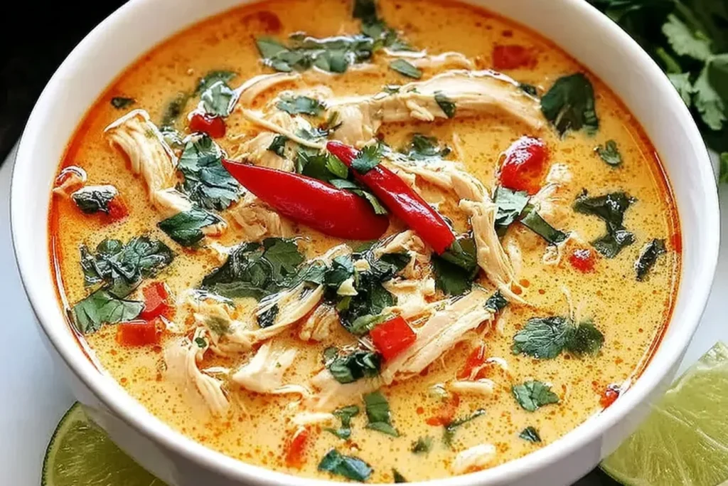 Crockpot Thai Coconut Chicken Soup with creamy coconut curry broth, shredded chicken, cilantro, and whole red chilies, served with lime wedges.