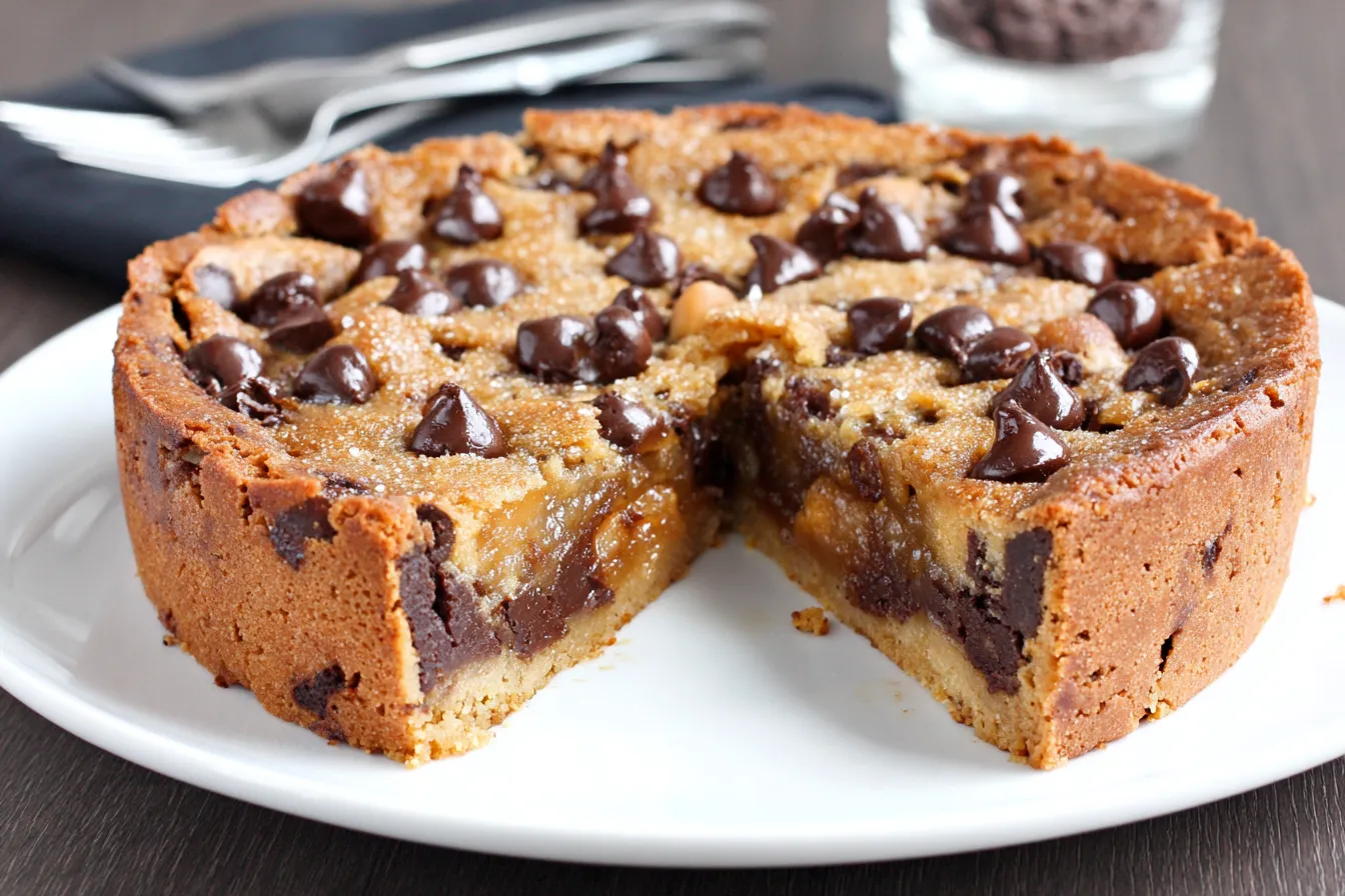 Deep Dish Cookie Pie baked thick with chocolate chips and golden edges on white plate