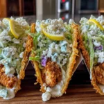 Close-up of Dill Pickle Ranch Smash Chicken Tacos with Crispy Cheese Lace topped with cottage cheese ranch and lemon wedges