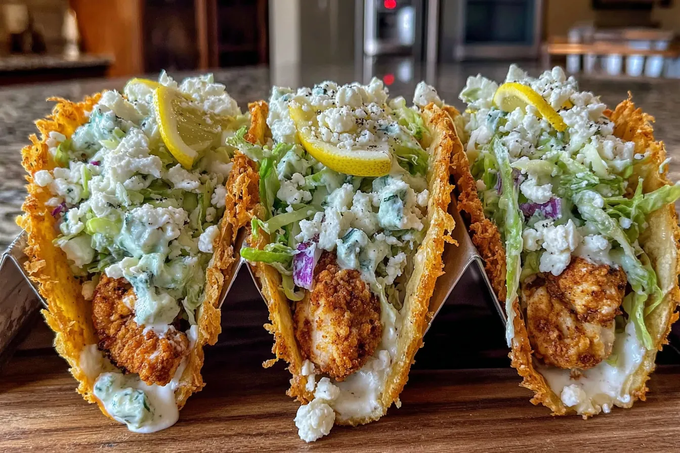 Close-up of Dill Pickle Ranch Smash Chicken Tacos with Crispy Cheese Lace topped with cottage cheese ranch and lemon wedges