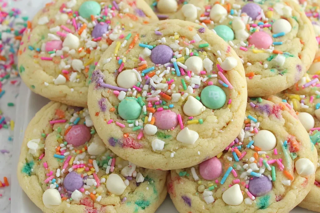 Homemade Easter Cookies topped with pastel M&M’s, white chocolate chips, and rainbow sprinkles