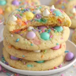Soft and chewy Easter Cookies stacked on a plate with pastel M&M’s, white chocolate chips, and colorful sprinkles