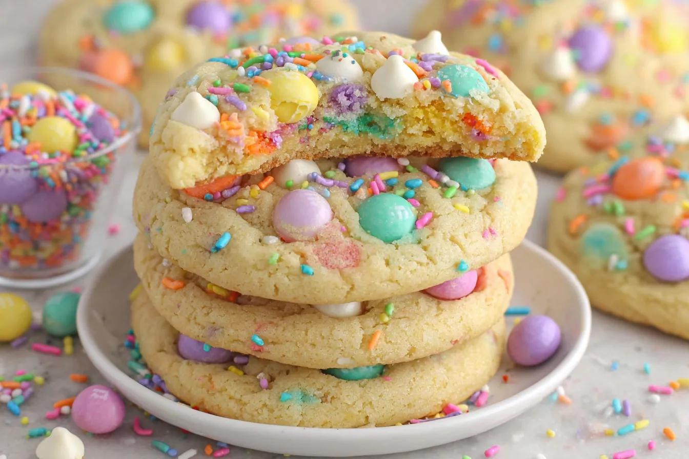 Soft and chewy Easter Cookies stacked on a plate with pastel M&M’s, white chocolate chips, and colorful sprinkles