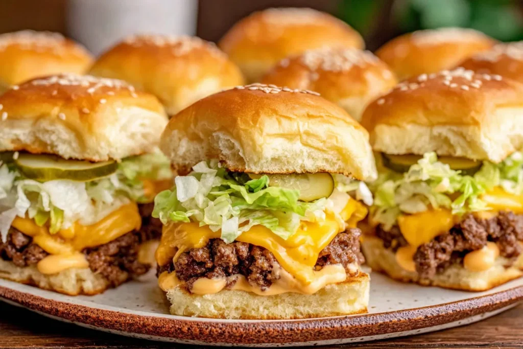 Easy Big Mac Sliders with creamy sauce, melted American cheese, shredded lettuce, and pickles on soft slider buns