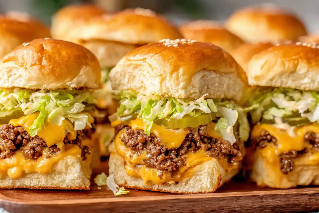 Easy Big Mac Sliders stacked with seasoned beef, melted cheese, pickles, lettuce, and sesame seed buns on a wooden board
