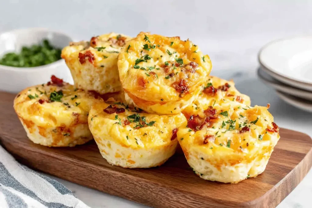 Easy Cottage Cheese Egg Bites stacked on a wooden board, baked until golden and topped with herbs