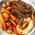 Easy Crock Pot Pot Roast plated with tender shredded beef, baby potatoes, carrots, mashed potatoes, and rich brown gravy, garnished with parsley.