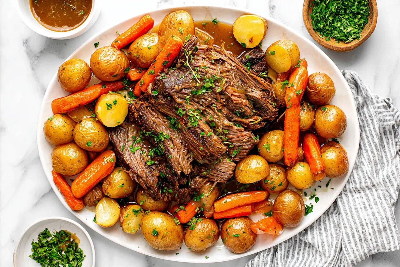 Easy Crock Pot Pot Roast on a platter with tender chuck roast, baby potatoes, carrots, and savory gravy, finished with fresh parsley.
