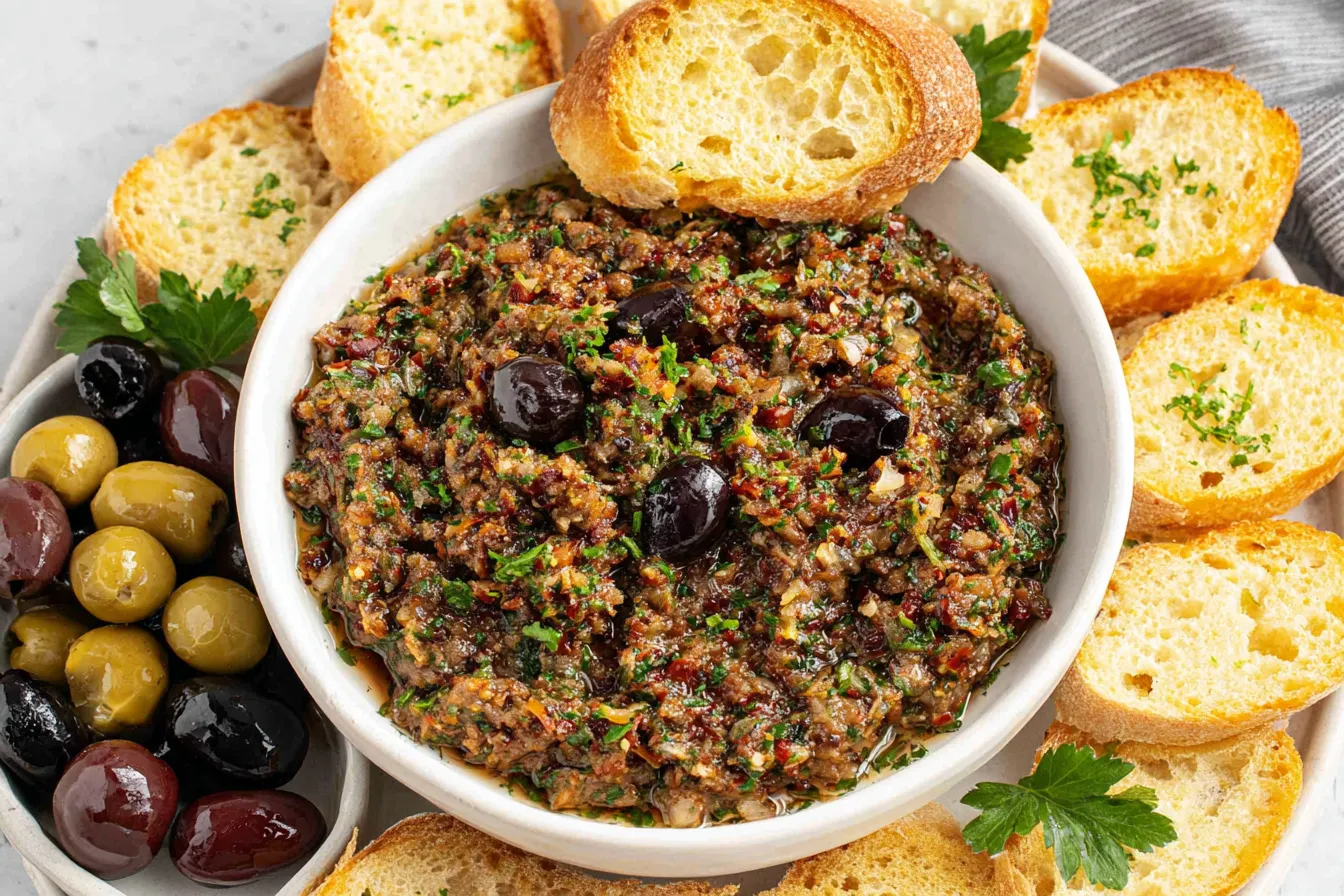 Easy Olive Tapenade Recipe served with toasted baguette slices and mixed olives