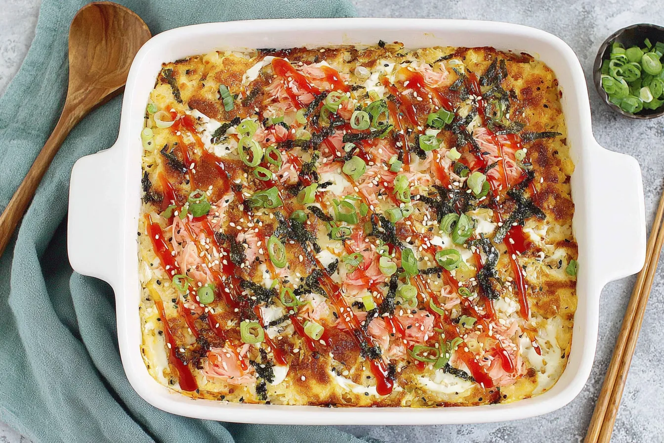 Easy Sushi Bake Recipe baked in a casserole dish with imitation crab, sushi rice, sriracha, mayo drizzle, sesame seeds, and green onions