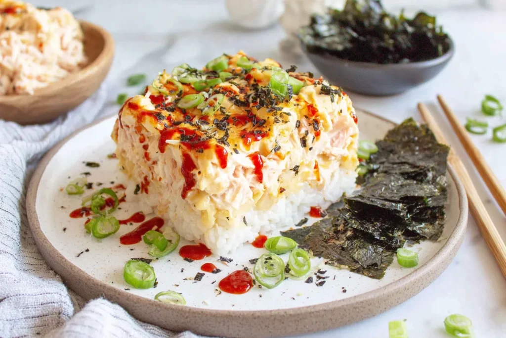 Easy Sushi Bake Recipe served as a plated slice with creamy imitation crab, sushi rice, sriracha drizzle, green onions, and nori sheets
