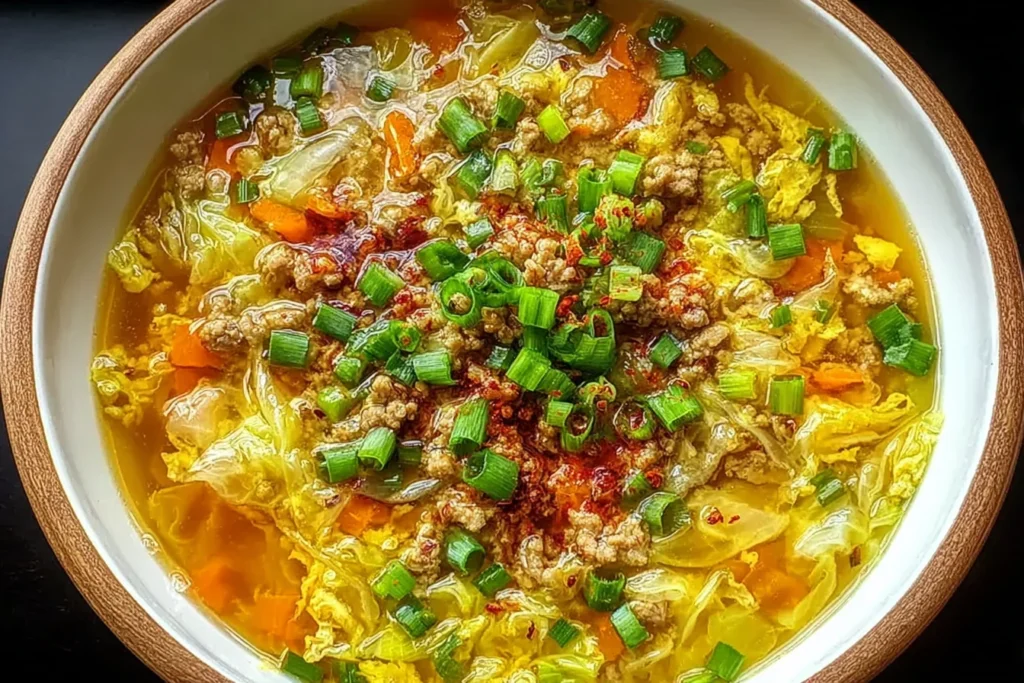 Hearty bowl of Egg Roll Soup with Green Onions and Ginger with ground beef, cabbage, carrots, egg ribbons, and a green onion topping in savory broth.