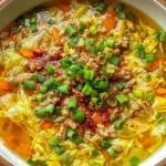 Hearty bowl of Egg Roll Soup with Green Onions and Ginger with ground beef, cabbage, carrots, egg ribbons, and a green onion topping in savory broth.