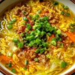 Bowl of Egg Roll Soup with Green Onions and Ginger featuring egg ribbons, ground beef, cabbage, carrots, and a fresh green onion topping in a golden broth.