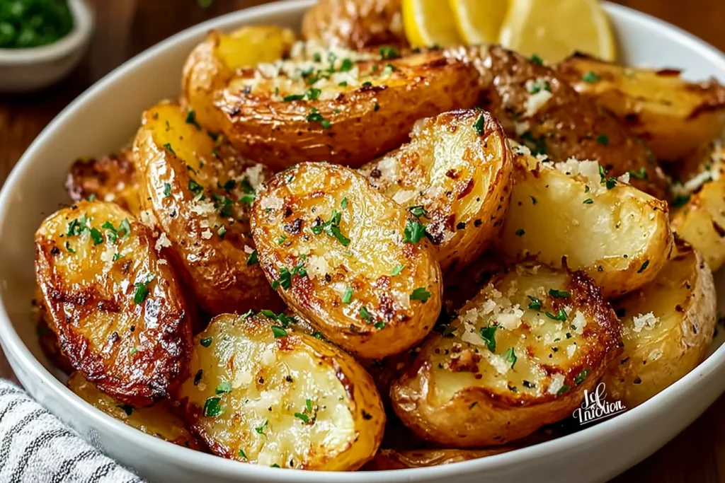Authentic Greek Potatoes roasted until extra crispy, finished with lemon wedges, garlic, oregano, and parsley in a white serving bowl.