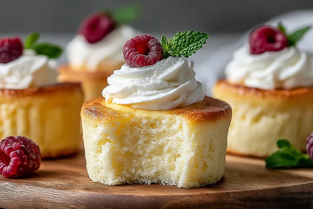 Fluffy Japanese Cotton Cheesecake Cupcakes topped with whipped cream and fresh raspberries