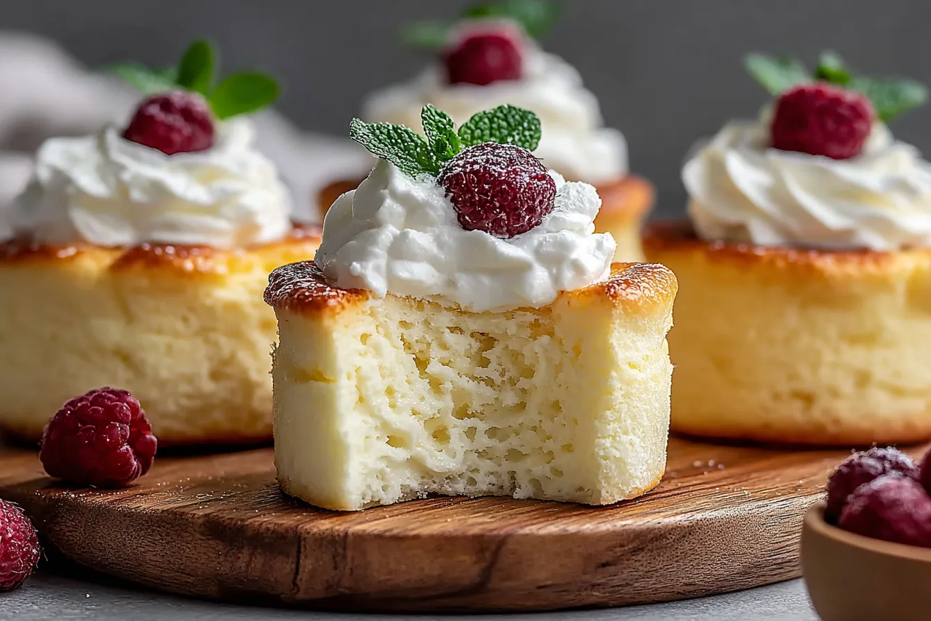 Fluffy Japanese Cotton Cheesecake Cupcakes with airy sponge texture and whipped cream topping