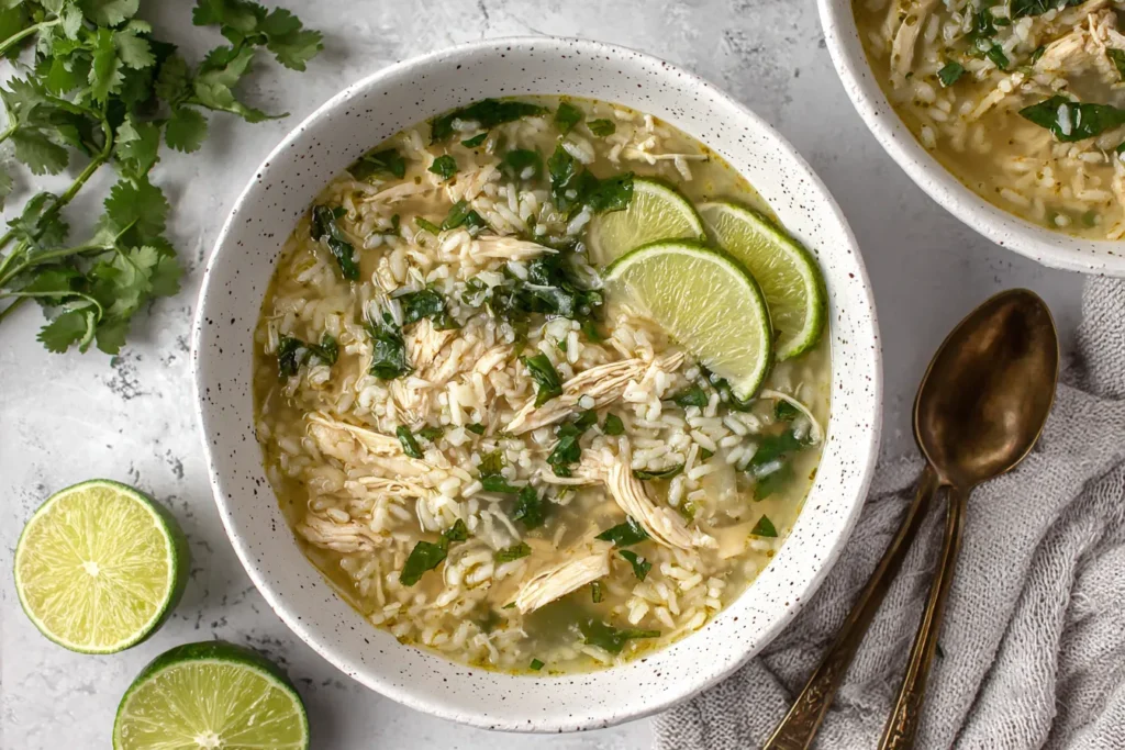 Ginger Lime Chicken and Rice Soup topped with fresh cilantro and lime slices in a white bowl