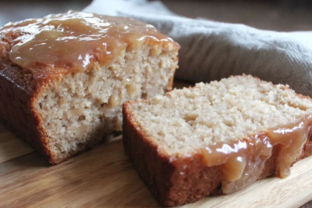 Glazed Apple Cinnamon Oatmeal Bread sliced on wooden board with apple glaze dripping over moist crumb