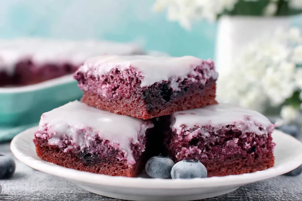 Glazed Blueberry Brownies Recipe served on a white plate with fresh blueberries and vanilla glaze