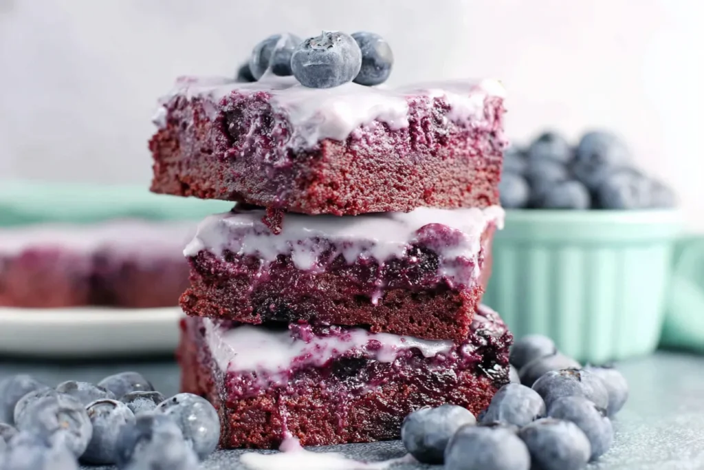 Homemade Glazed Blueberry Brownies Recipe squares topped with vanilla glaze and fresh blueberries