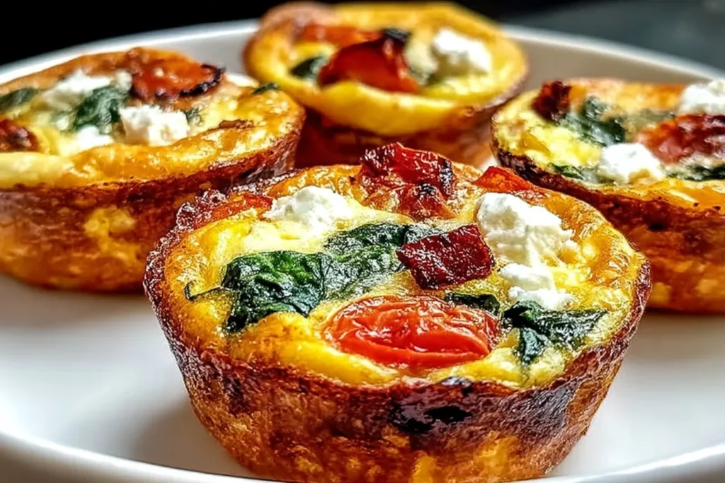 Spinach Feta and Sun-Dried Tomato Egg Muffins on a plate, baked until golden with wilted spinach, feta crumbles, and sun-dried tomatoes.