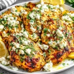 Greek Chicken with Lemon and Feta on a white plate garnished with feta and fresh parsley