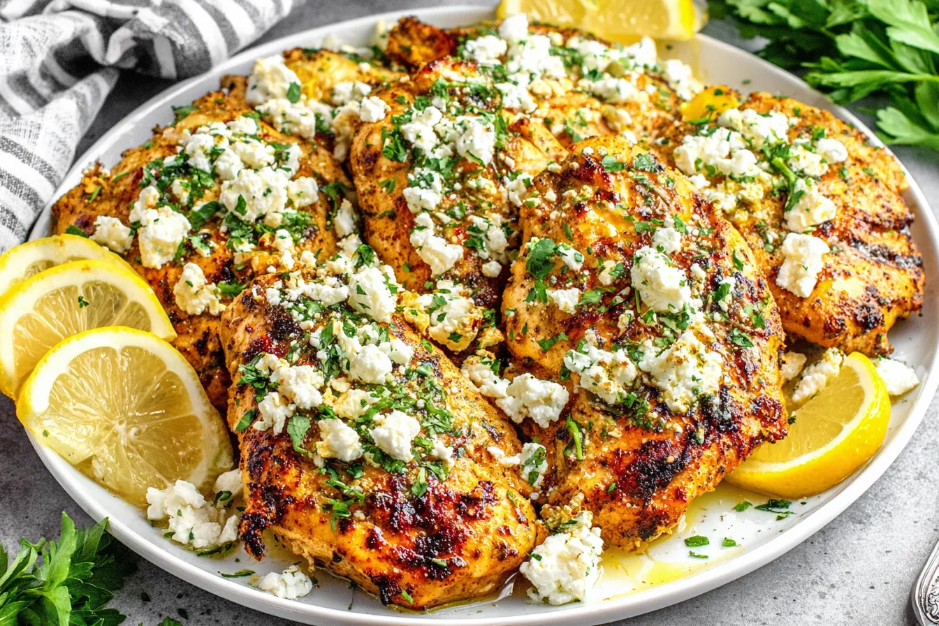 Greek Chicken with Lemon and Feta on a white plate garnished with feta and fresh parsley
