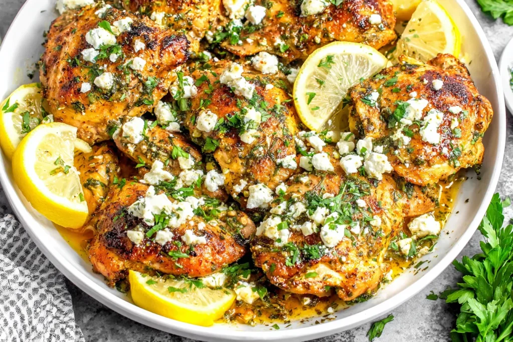 Greek Chicken with Lemon and Feta served in a skillet with parsley and lemon wedges