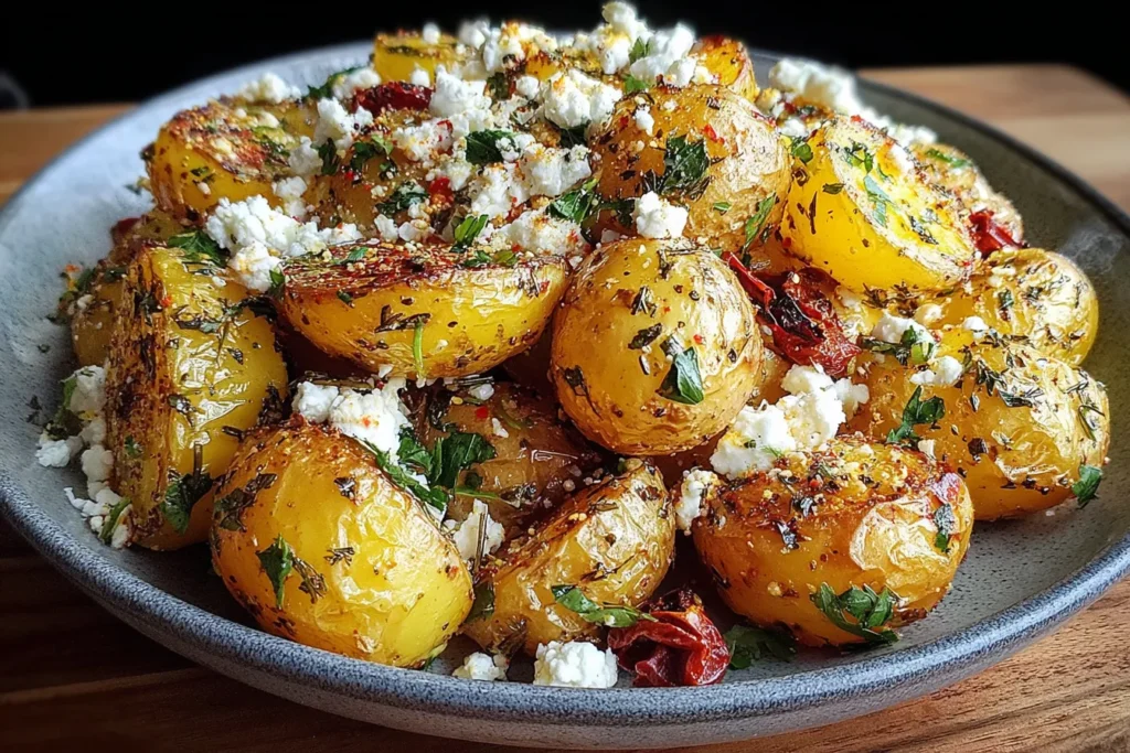 Greek Feta Roast Potatoes with lemon, feta cheese, and Mediterranean herbs on a serving plate