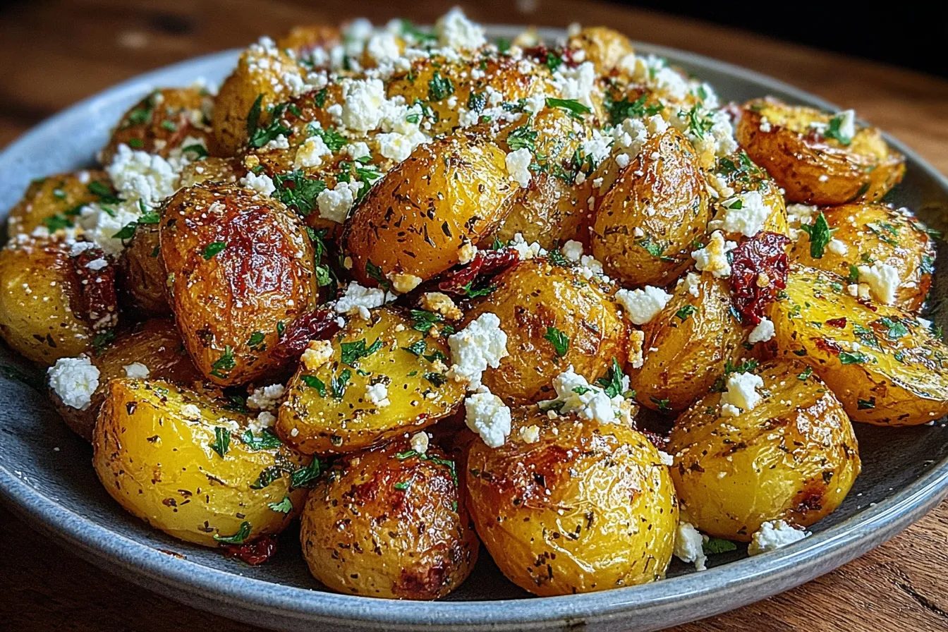 Greek Feta Roast Potatoes roasted until golden and crispy with crumbled feta and fresh herbs