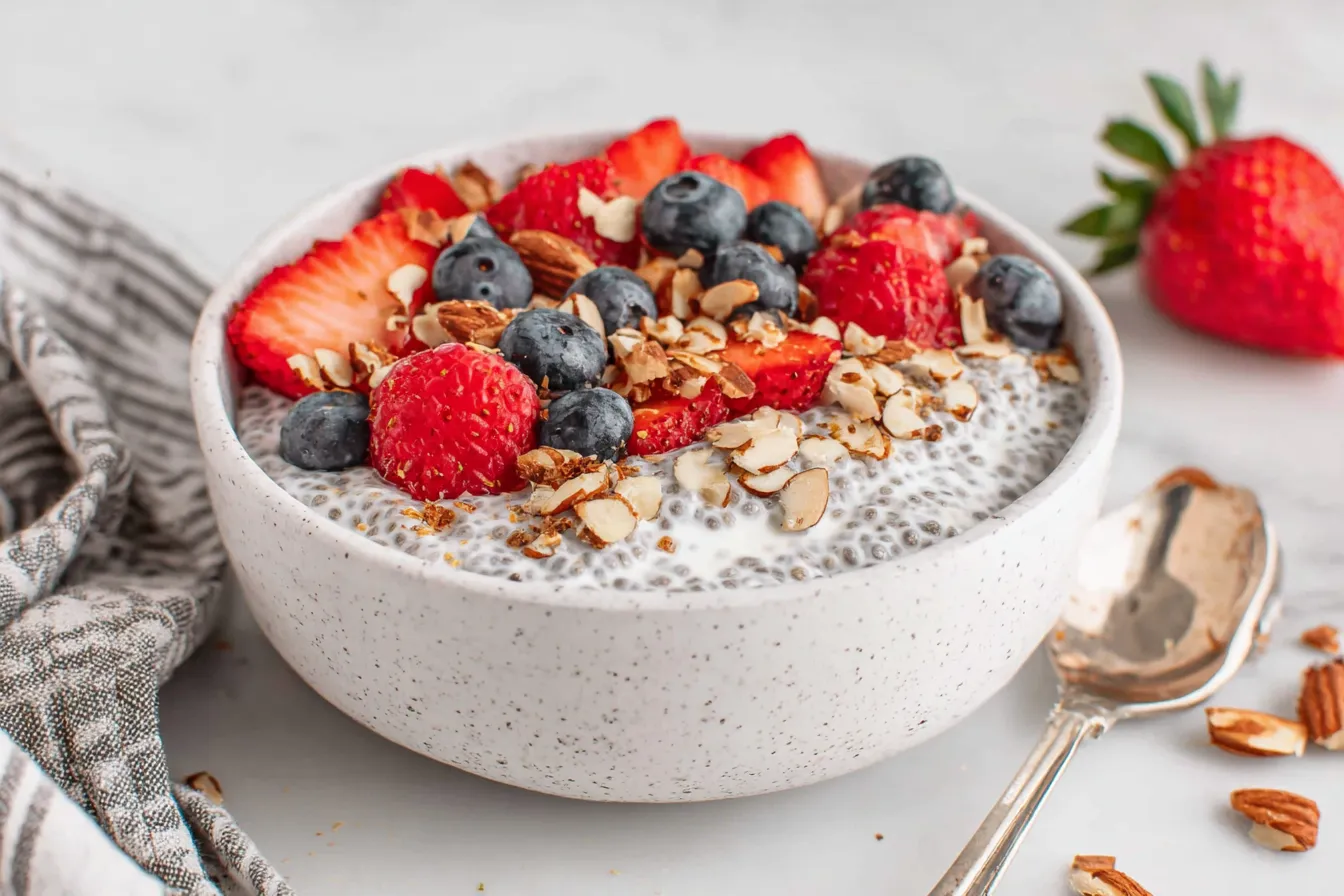 Greek Yogurt Chia Pudding topped with fresh strawberries, blueberries, and sliced almonds in a ceramic bowl