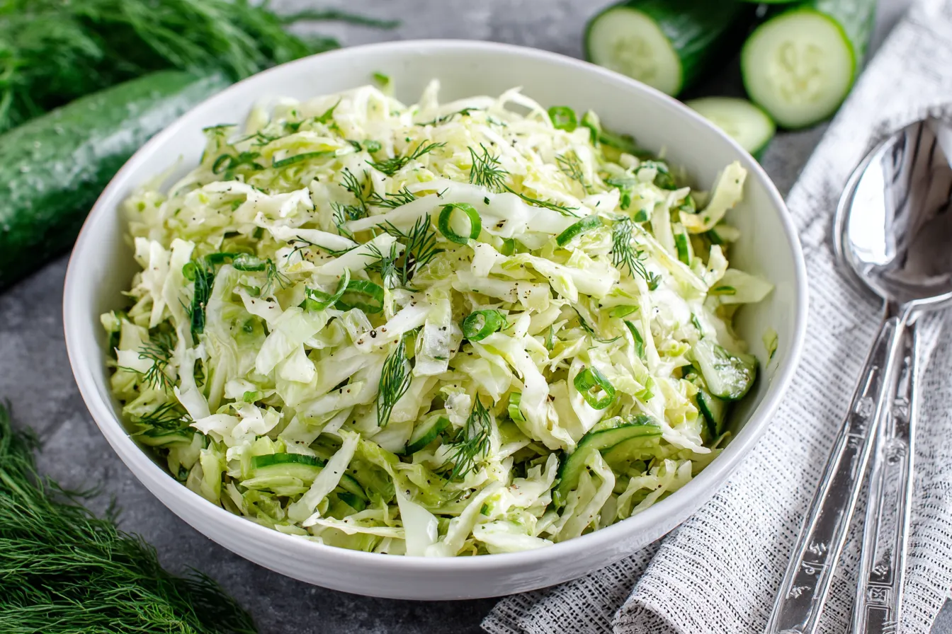 Green Cabbage Cucumber Salad with green onions, dill, and fresh cucumber slices