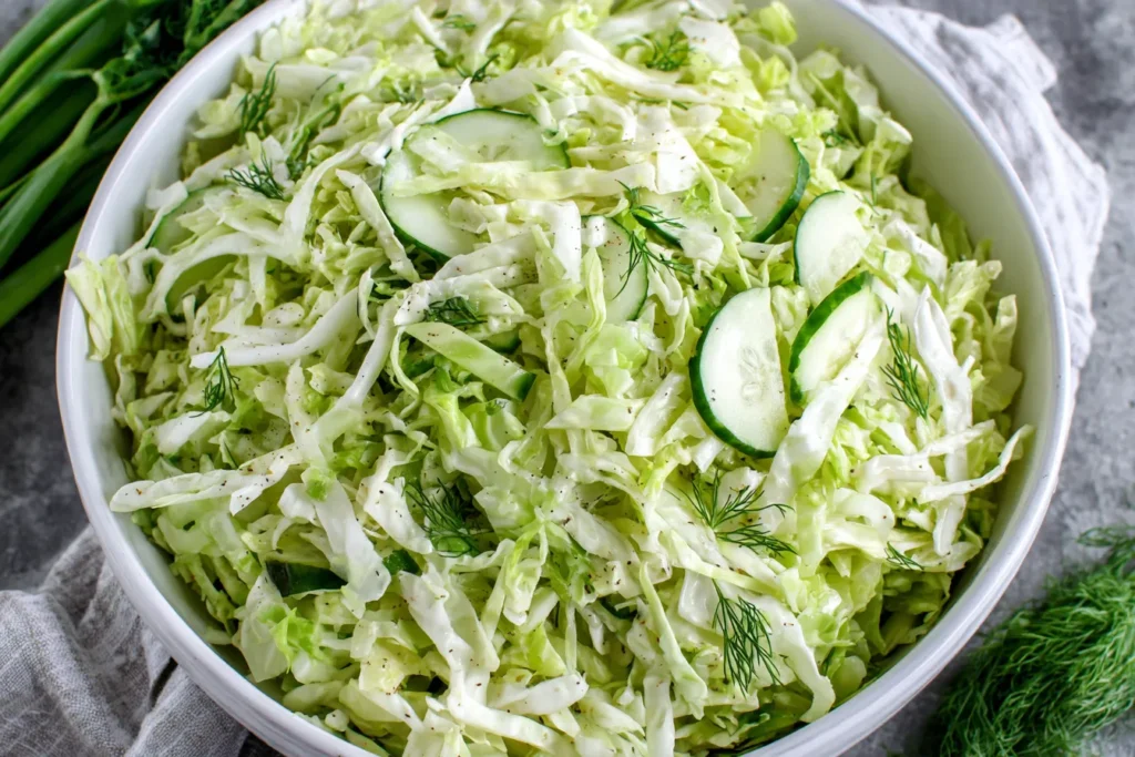 Green Cabbage Cucumber Salad with fresh dill and sliced cucumbers in a white bowl