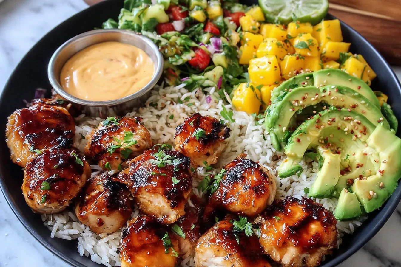Grilled Maple Sriracha Chicken Bites meal prep bowl with rice avocado mango salsa and spicy mayo