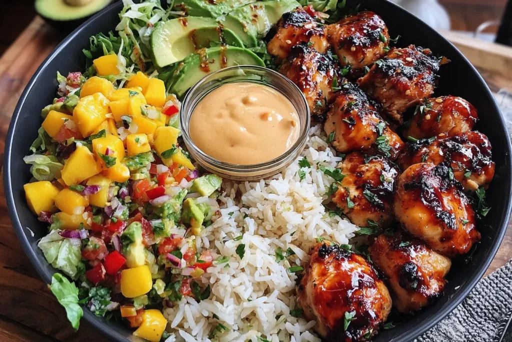 Grilled Maple Sriracha Chicken Bites bowl with coconut rice mango avocado salsa and chili mayo