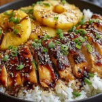 Hawaiian Chicken with Coconut Rice served over fluffy jasmine rice with grilled pineapple, sesame seeds, and green onions.